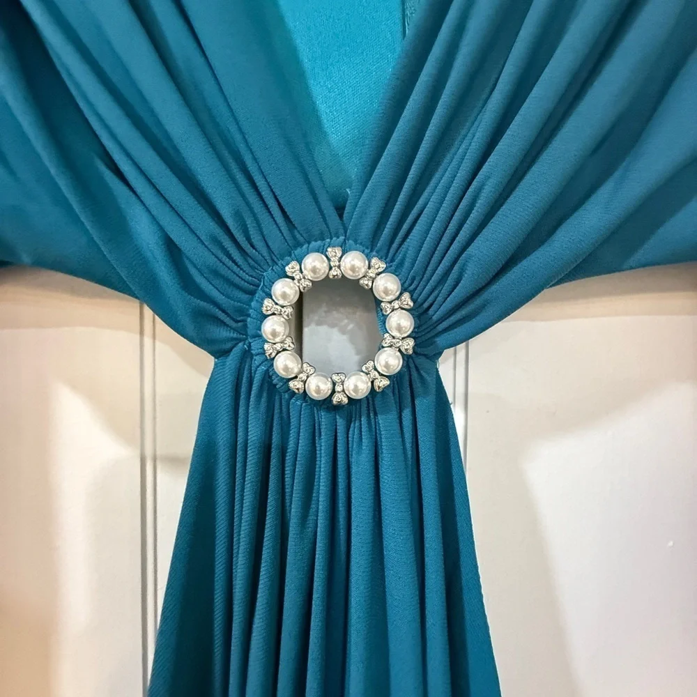 NWT |Mac Duggal 26727 Ocean Blue Jersey Puff Sleeve Cut Out Gown Size 12 - Picture 7 of 12